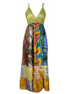 Womens Boho Hippy Beach Dress, Deep V Maxidress, Fall Maxi Dress, Colorful ML