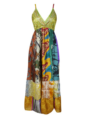 Womens Boho Hippy Beach Dress, Deep V Maxidress, Fall Maxi Dress, Colorful ML