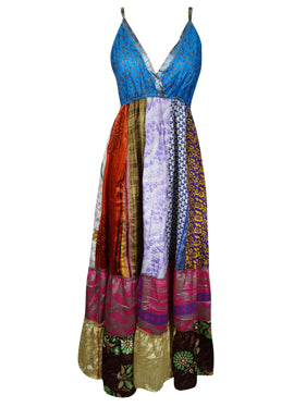 Womens Upcycle Silk Maxi Dress, Multicolor Bohemian Strapdres M/L