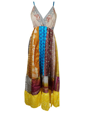 Womens Maxidress, Hawaiaan Sunset Silk Maxi Dress, Colorful Bohemian Dress M/L