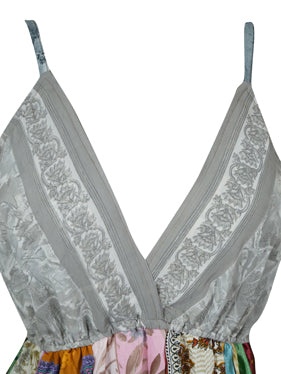 Womens Fall Maxi Dress, Gray Spring Fields Recycle Silk Strap Dresses M/L