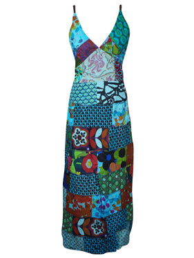Womens Patchwork Dress, Blue Skies Strap Maxi Dress M/L