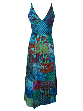 Womens Patchwork Maxi Festival Dress Blue Printed Long Dresses M/L