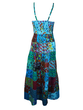 Womens Patchwork Maxi Festival Dress Blue Printed Long Dresses M/L