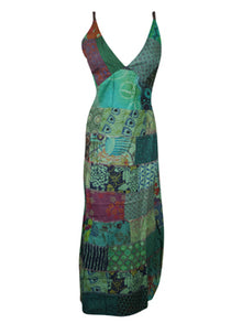  Womens Patchwork Maxi Dress, Green Floral Maxidress M/L