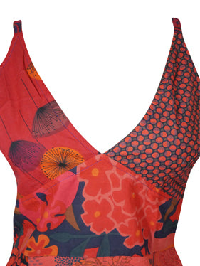 Womens Cotton Maxi Dress Red Printed Long Dresses M/L