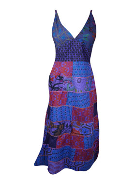 Womens Patchwork Maxidress Blue Printed Long Dresses, Bohemian Fashion M/L Womens Patchwork Maxidress Blue Printed Long Dresses, Bohemian Fashion M/L