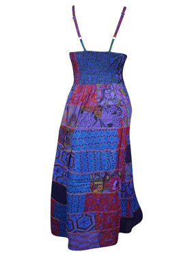 Womens Patchwork Maxidress Blue Printed Long Dresses, Bohemian Fashion M/L