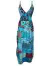 Womens Patchwork Strap Maxi Dress Blue Patchwork Prints Long Dresses M/L