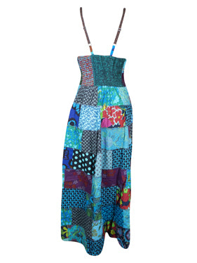Womens Patchwork Maxi Dress, Blue Printed Long Dresses M/L