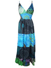 Womens Patchwork Maxi Dress Blue Boho Dresses, Bohemian Daydress M/L