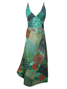  Womens Patchwork Maxi Dress Green Printed Long Dresses M/L