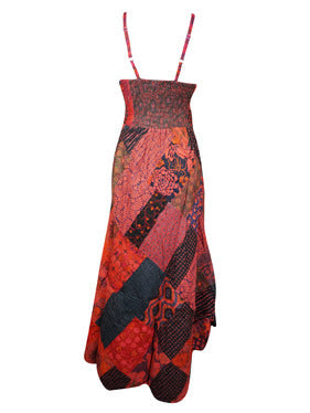 Bohemian Red Cotton Patchwork Printed Dresses, hand made Casual Strap Sundress M/L