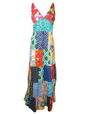 Boho Chic Women Long Dress, Cotton Patchwork Colorful Floral Printed Summer Fashion Maxi Dresses SM