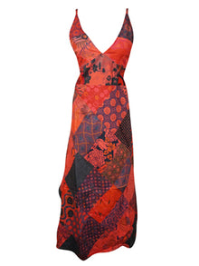  Womens Boho Maxi Dress, Red Cotton Patchwork Sundress S/M