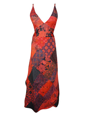 Womens Boho Maxi Dress, Red Cotton Patchwork Sundress S/M