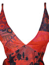 Womens Boho Maxi Dress, Red Cotton Patchwork Sundress S/M