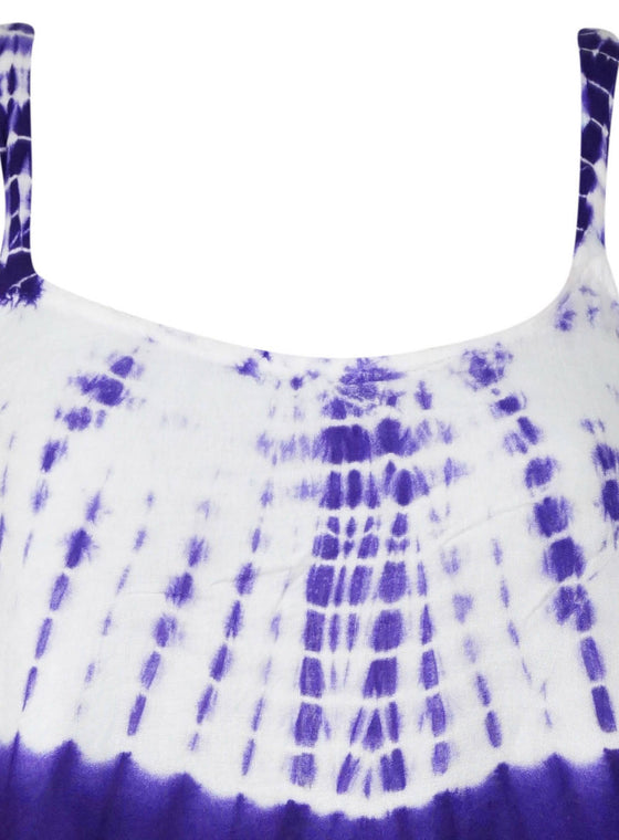 Women Tank Dress, Blue White Tie-Dye Strap Dresses Beach Bohemian Midi Dress XS/S