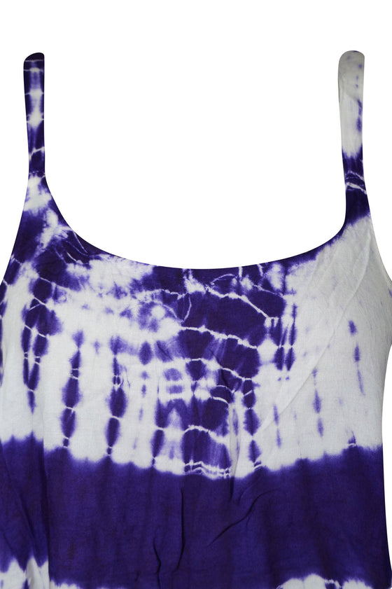 Tie Dye Tank Top Dress, Blue White Short Ladies Cover Up Summer Dress One Size S