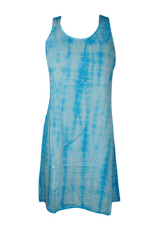  Women Short Tank Dress, Handmade Blue White Tie Dye Strap Gypsy Chic Dress S/M