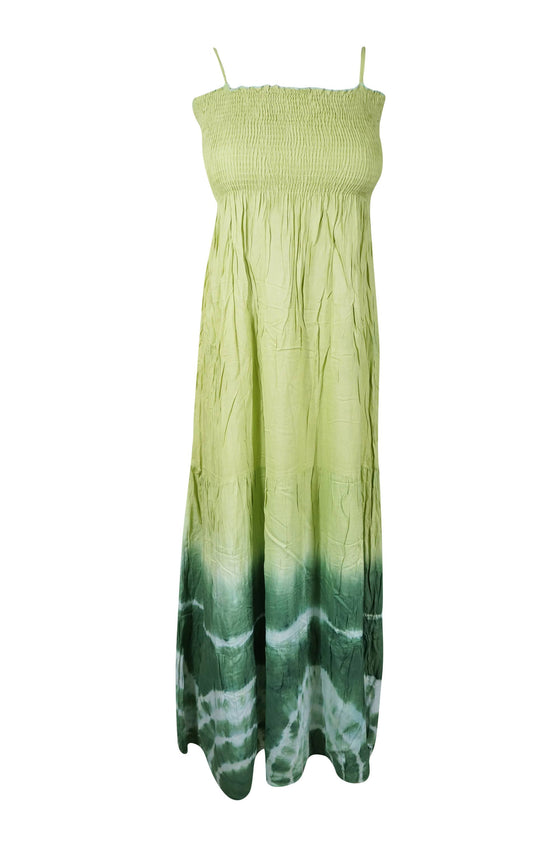 Women's Boho Smocked Bodice Dress, Green Tie Dye Long Summer Strap Dress
