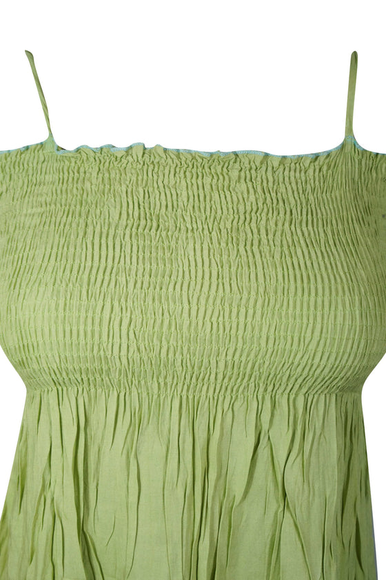 Women's Boho Smocked Bodice Dress, Green Tie Dye Long Summer Strap Dress S/M
