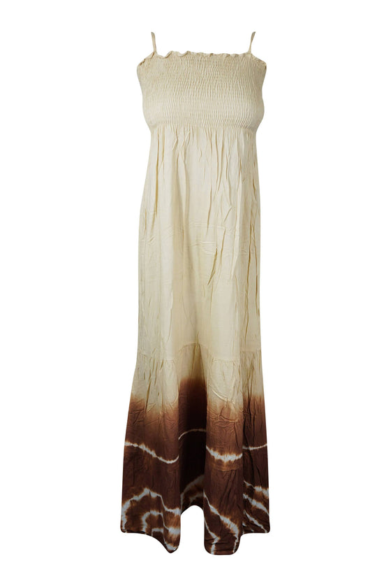 Women's Smocked Bodice Dress, Off White Brown Tie Dye Long Summer Dress