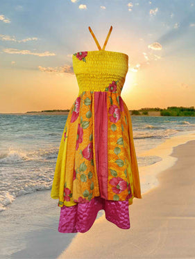 Women Boho Skirt Dresses Yellow Pink Beach Dress S/M Women Boho Skirt Dresses Yellow Pink Beach Dress S/M