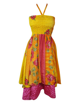 Women Boho Skirt Dresses Yellow Pink Beach Dress S/M