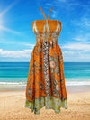 Boho Skirt Strap Dress Orange Recycled Silk Beach Dresses S/M