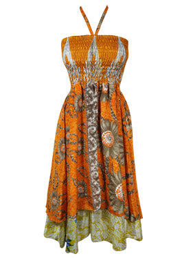 Boho Skirt Strap Dress Orange Recycled Silk Beach Dresses