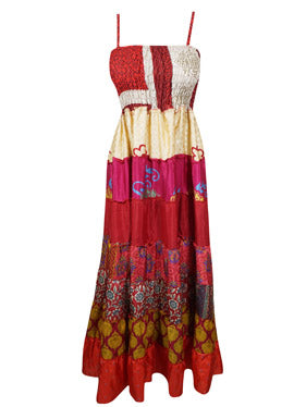 Women Silk Maxi Dress, Red Handmade Tiered, Flared Summer Dress