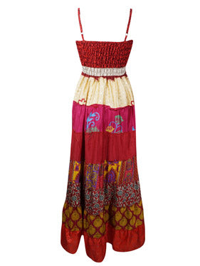 Women Silk Maxi Dress, Red Handmade Tiered, Flared Summer Dress S/M