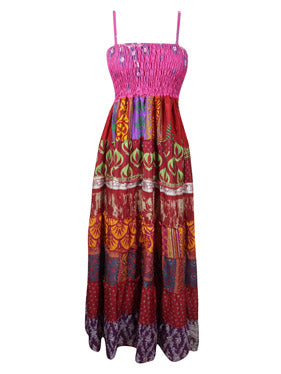 Womans Sari Silk Maxi Dress, Pink Summer Dress