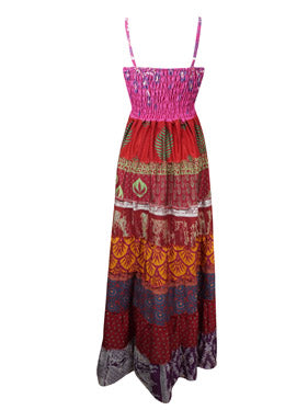 Womans Sari Silk Maxi Dress, Pink Summer Dress S/M