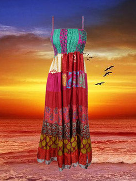 Summer Beach Maxi Dresses Red Recycled Silk Dress S/M