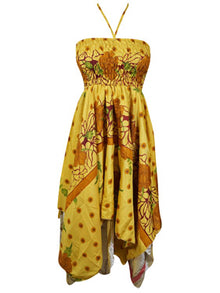  Women's Luxe Halter Dress, Yellow Boho Recycled Silk Dresses