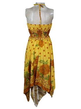 Women's Luxe Halter Dress, Yellow Boho Recycled Silk Dresses S/M