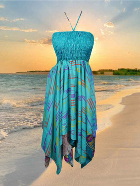 Womens Boho Beach Dress, Halter Dresses, Printed Blue Recycled Silk Dress S/M Womens Boho Beach Dress, Halter Dresses, Printed Blue Recycled Silk Dress S/M