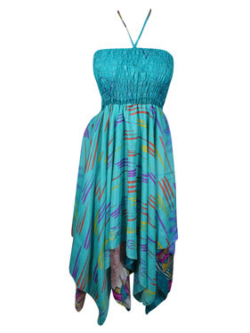 Womens Boho Beach Dress, Halter Dresses, Printed Blue Recycled Silk Dress S/M Womens Boho Beach Dress, Halter Dresses, Printed Blue Recycled Silk Dress S/M