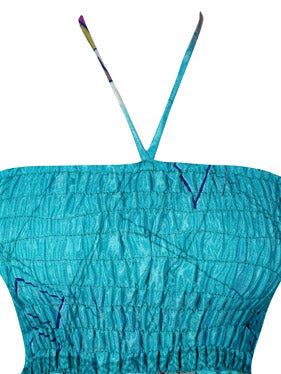 Womens Boho Beach Dress, Halter Dresses, Printed Blue Recycled Silk Dress S/M