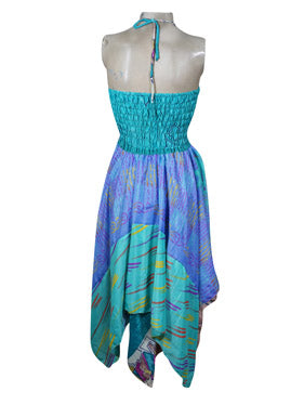 Womens Boho Beach Dress, Halter Dresses, Printed Blue Recycled Silk Dress S/M