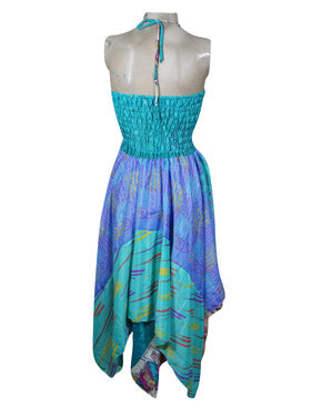 Womens Boho Beach Dress, Halter Dresses, Printed Blue Recycled Silk Dress S/M Womens Boho Beach Dress, Halter Dresses, Printed Blue Recycled Silk Dress S/M