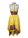 Women's Luxe Halter Dress, Yellow Printed Bohemian Recycled Silk Dresses S/M