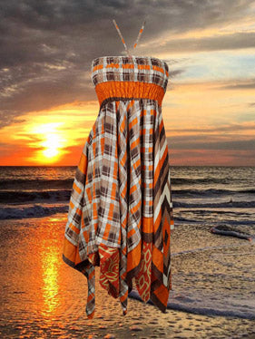 Womens Boho Sundress Orange Brown Hilow Dress S/M