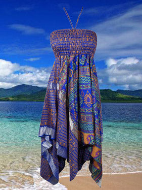 Women's Floral Boho Skirt Dress Blue Sundress S/M