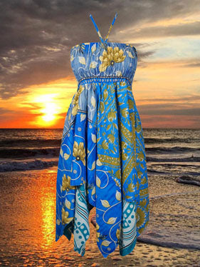 Womens Summer Ibiza Dress Blue Silk Dress, S/M