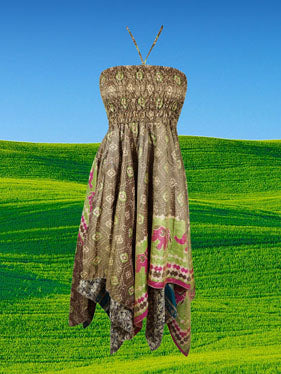 Womens Boho Dress Summer Green Silk Dresses S/M