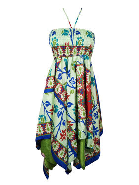 Women's Ibiza Dress Green Blue Printed Sundress S/M