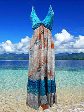 Womens Strapdress Maxi Sundress Blue Boho Dress S/M